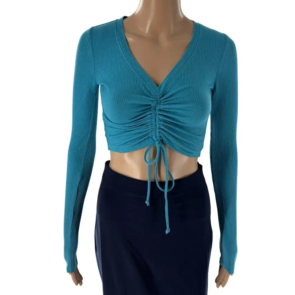 Alo Yoga Blue Ribbed Cinch Ruched Crop Top